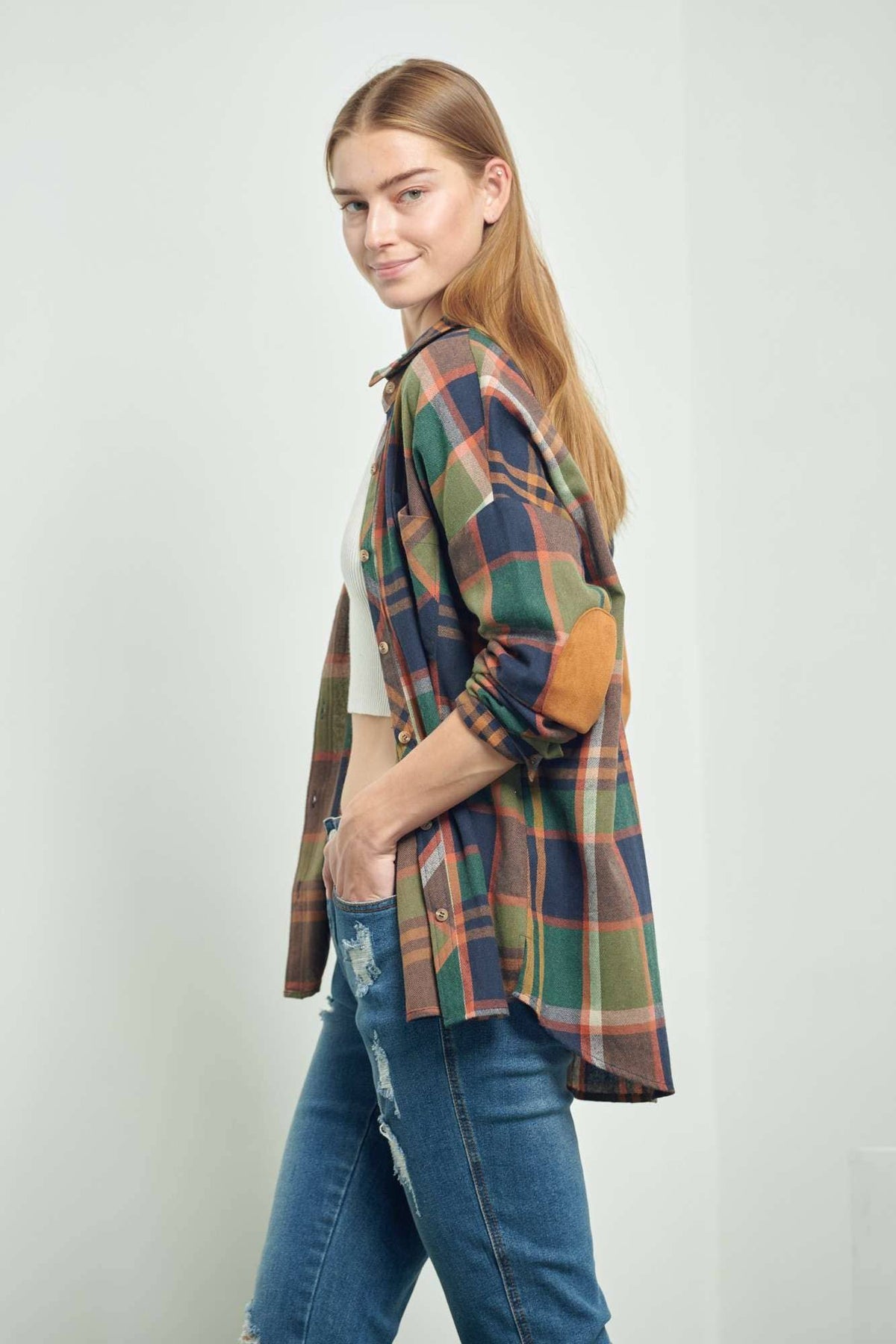 Green Elbow Patch Plaid Shirt