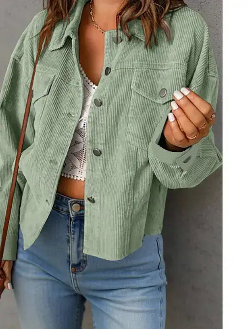 Corduroy Button Front Shacket with Flap Pockets: Light Green