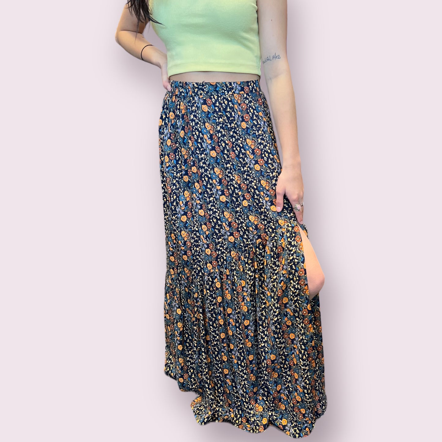 Elastic Waist Maxi Skirt with Center Slit