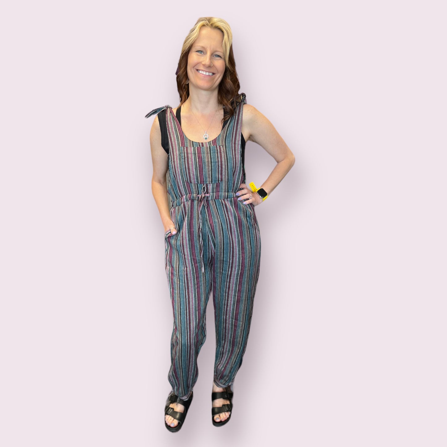 Stripey Boho Cotton Overalls Jumpsuit Red