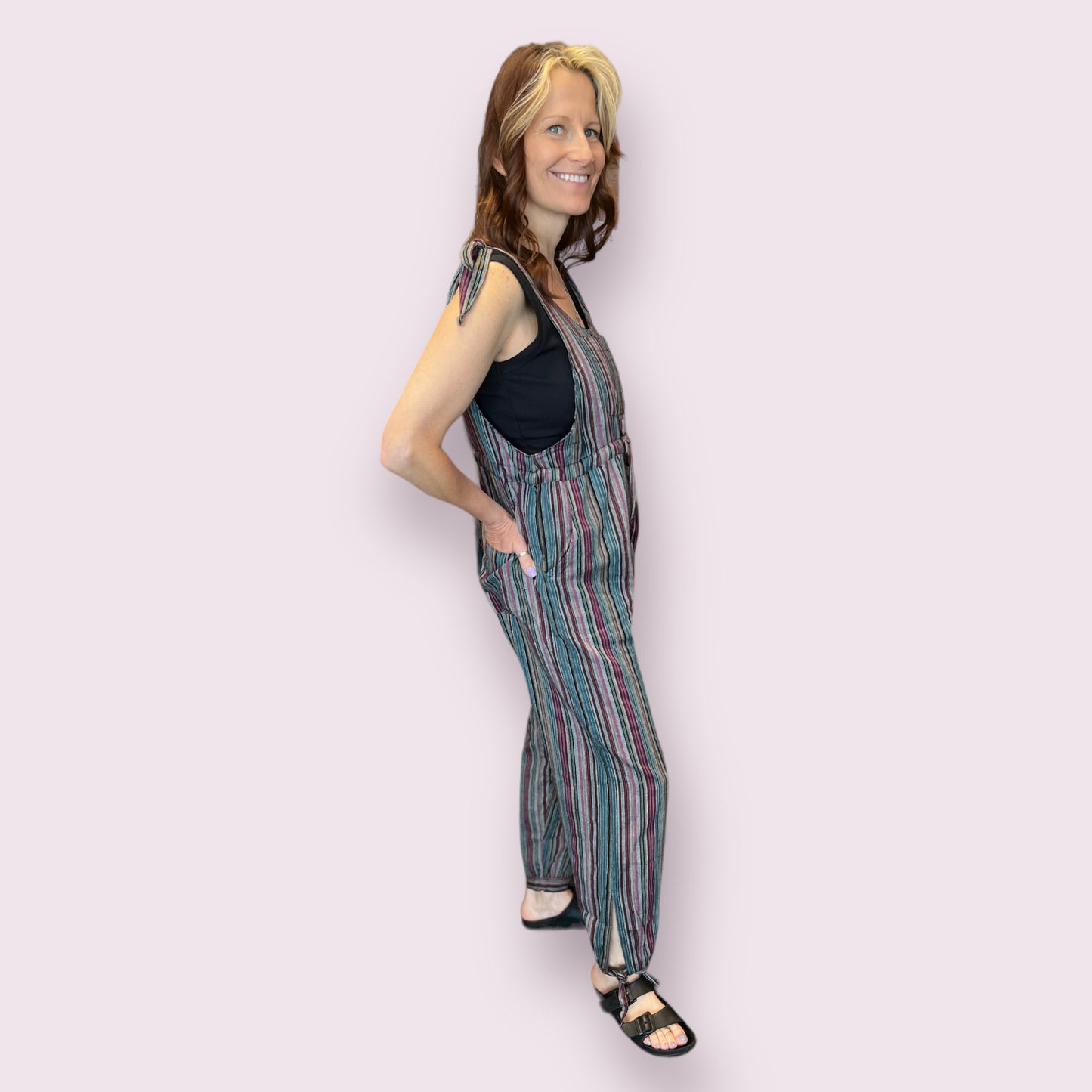 Stripey Boho Cotton Overalls Jumpsuit Red