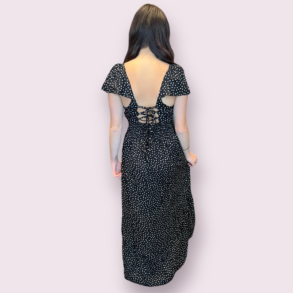 V Neck Smocked Waist Dress with Lace Up Back