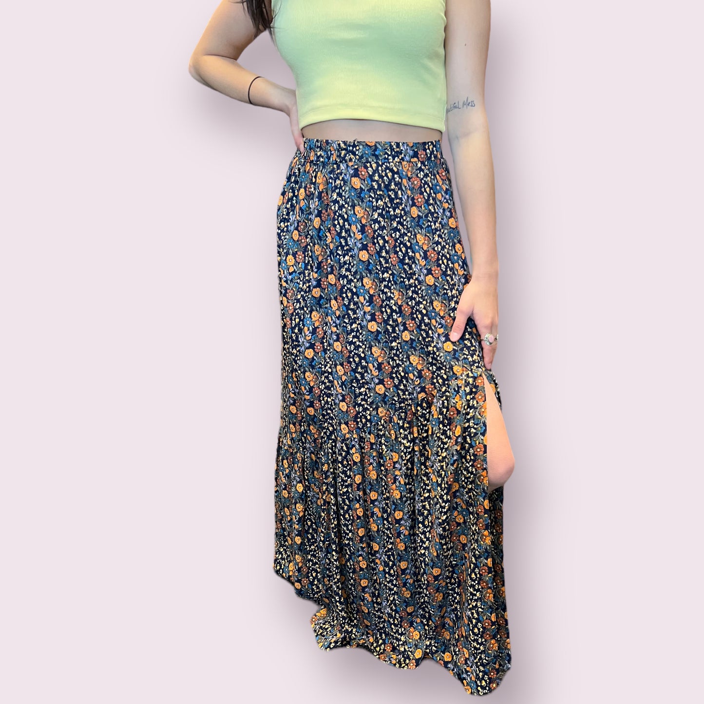 Elastic Waist Maxi Skirt with Center Slit