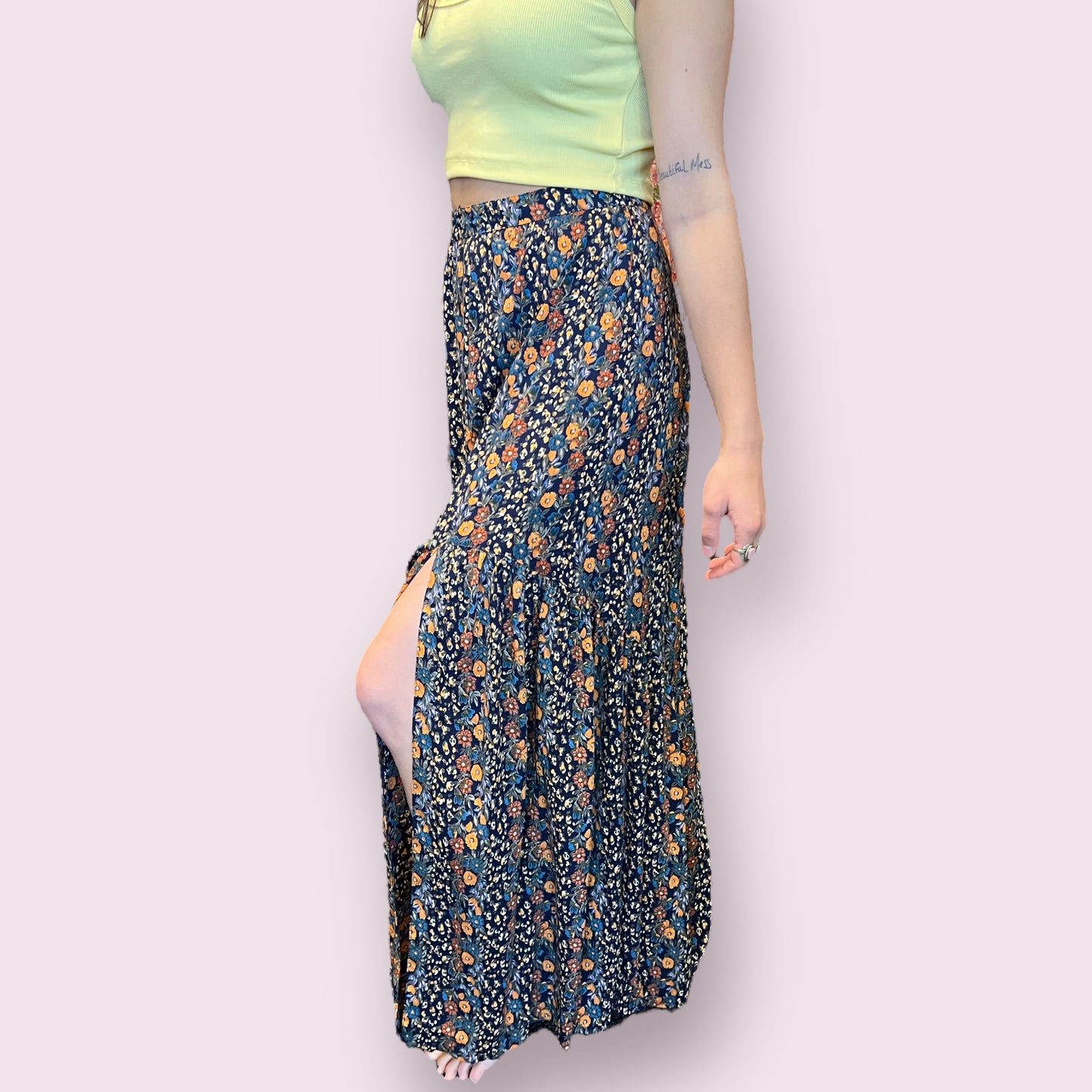 Elastic Waist Maxi Skirt with Center Slit