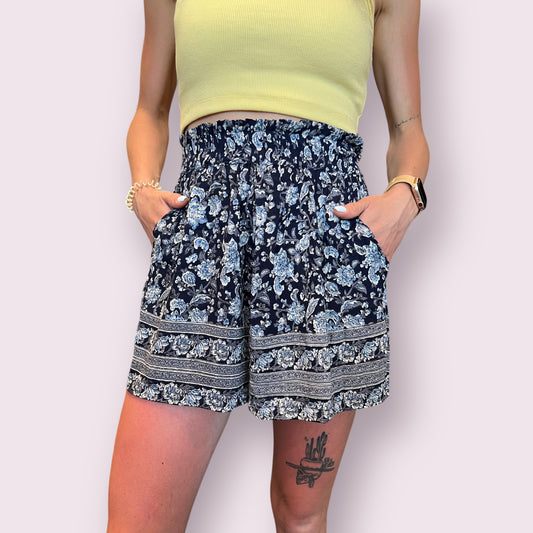 Navy Floral Elastic Waist Shorts