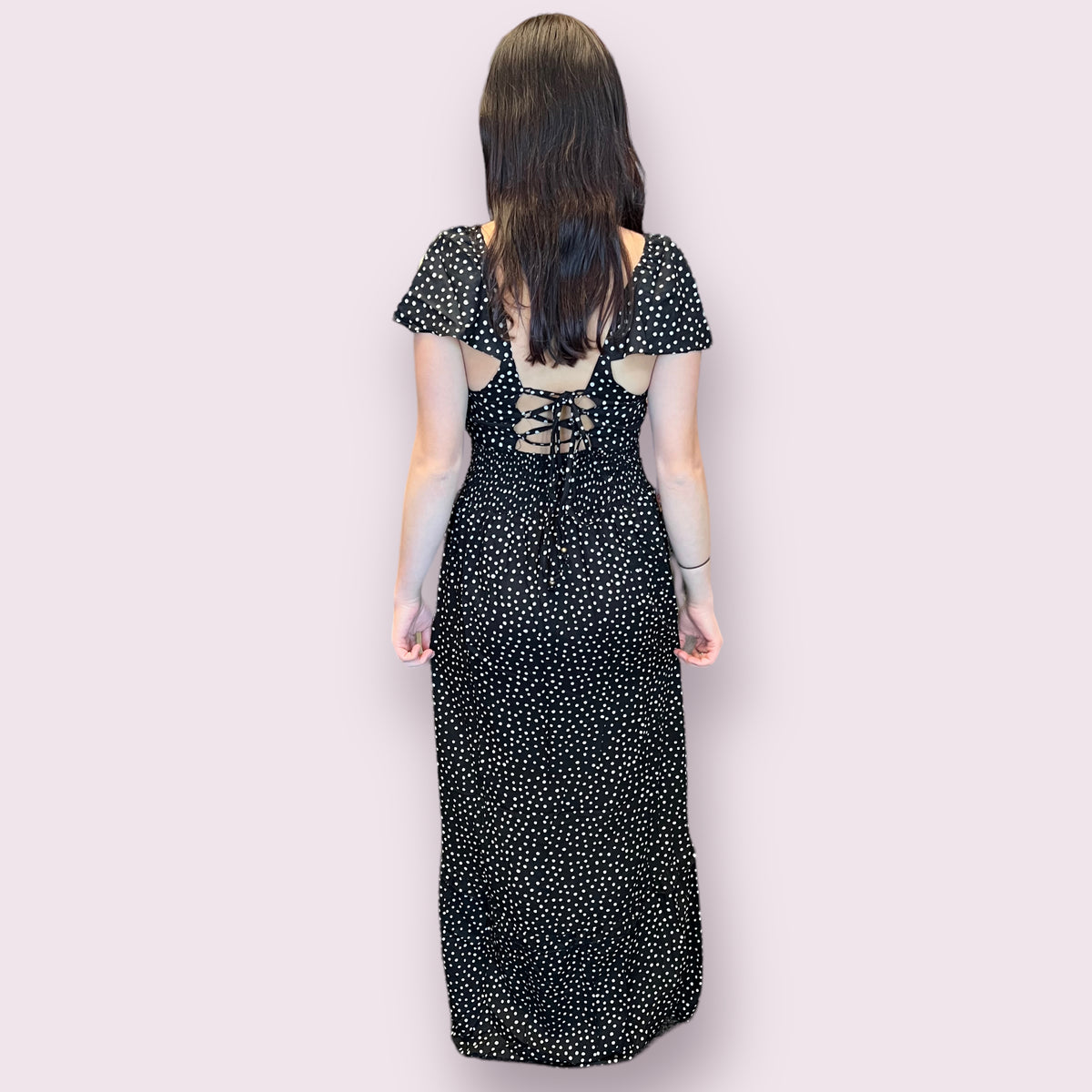 V Neck Smocked Waist Dress with Lace Up Back