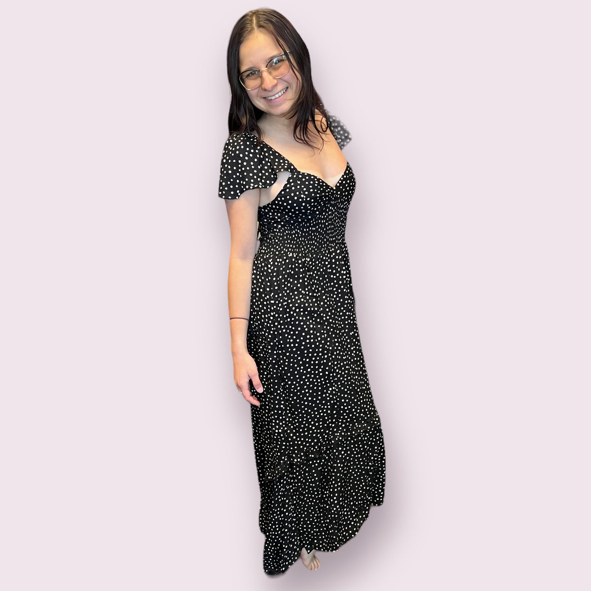 V Neck Smocked Waist Dress with Lace Up Back