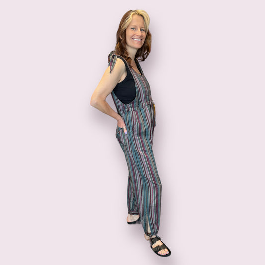Stripey Boho Cotton Overalls Jumpsuit Red