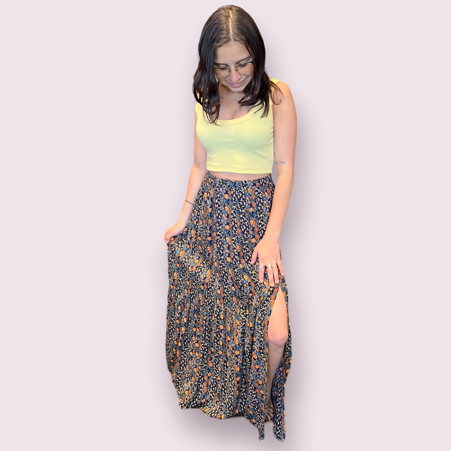 Elastic Waist Maxi Skirt with Center Slit