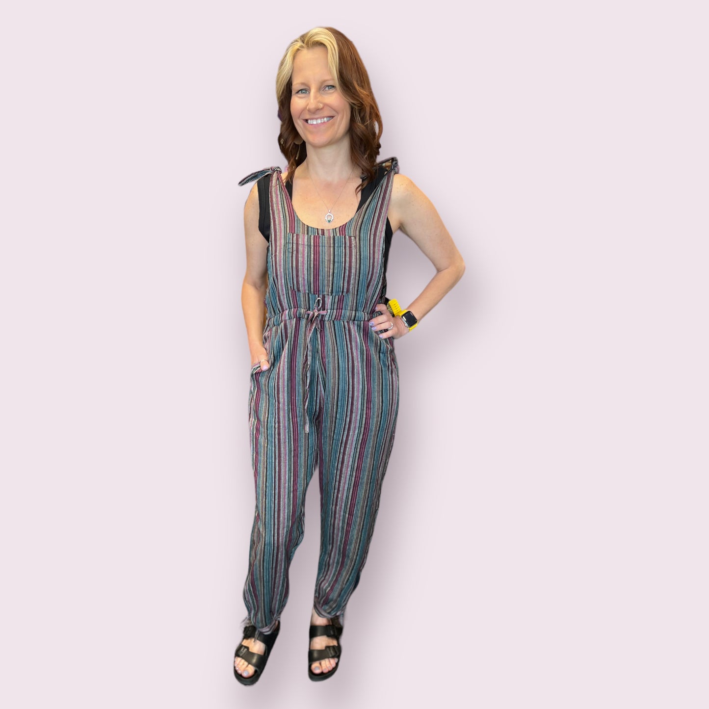 Stripey Boho Cotton Overalls Jumpsuit Red