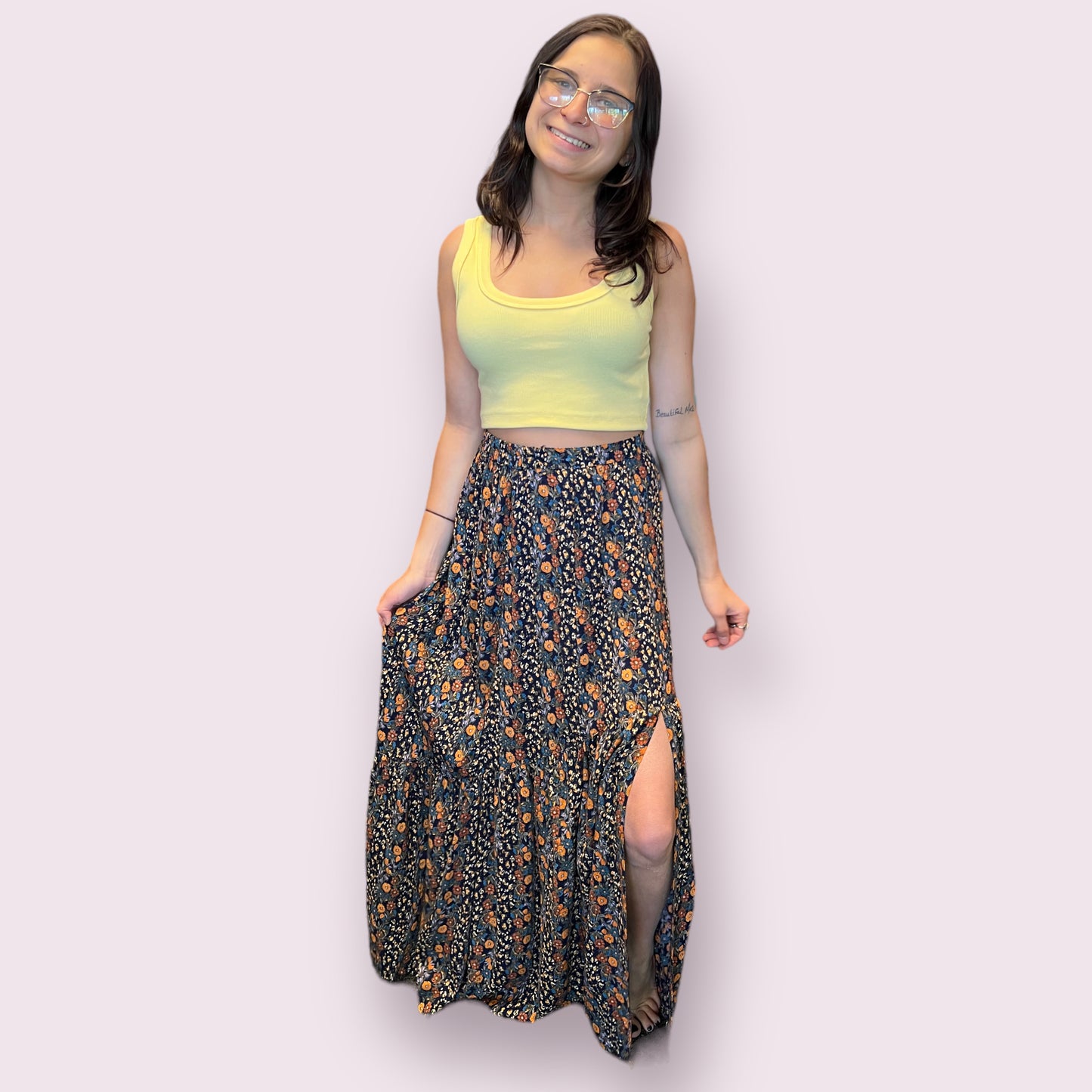 Elastic Waist Maxi Skirt with Center Slit