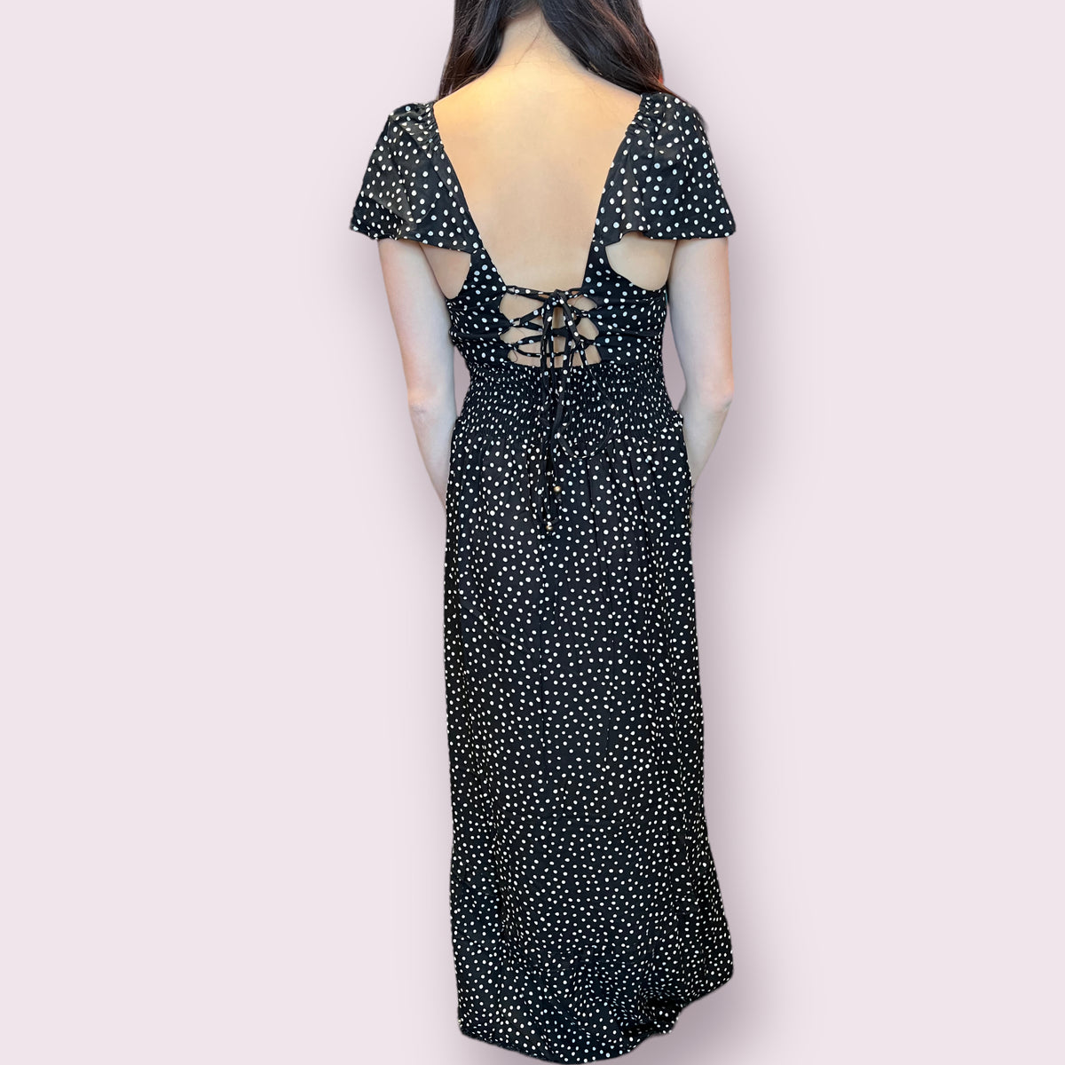 V Neck Smocked Waist Dress with Lace Up Back