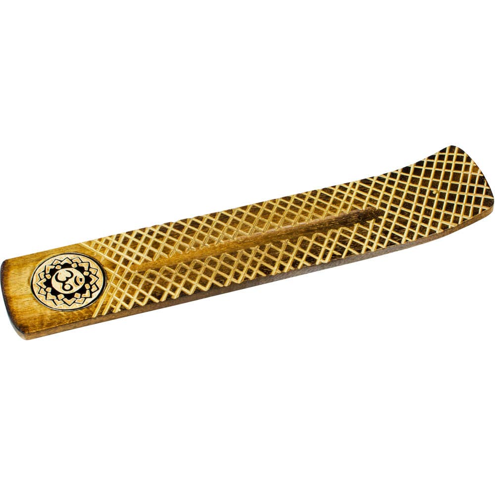 Om Lotus Wide Engraved Wood Incense Holder
