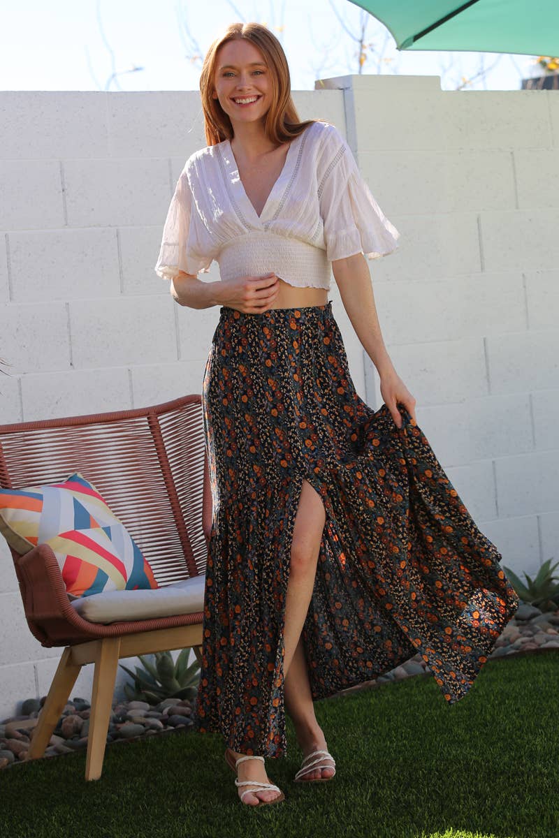 Elastic Waist Maxi Skirt with Center Slit