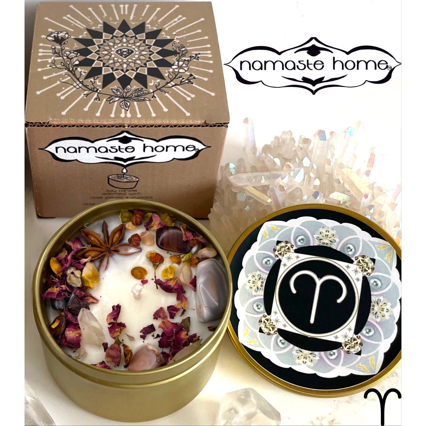 Aries Crystal Candle, Zodiac Candle w/ Gemstones + Herbs