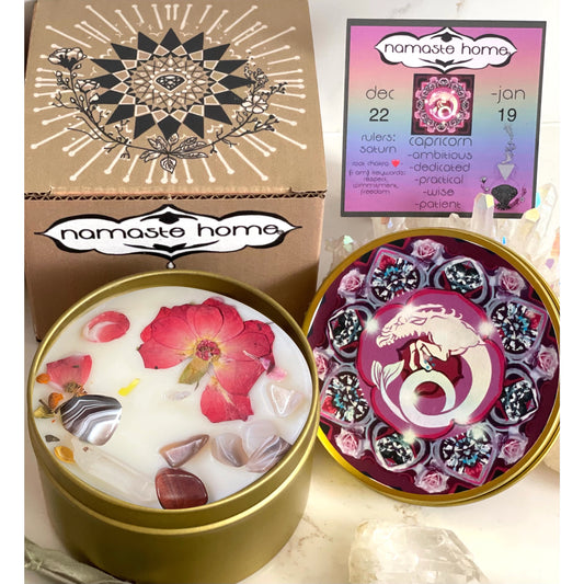Capricorn Crystal Candle, Zodiac Candle w/ Gemstones + Herbs