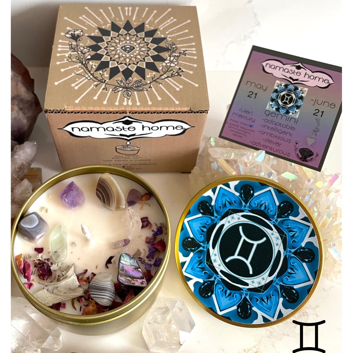Gemini Crystal Candle, Zodiac Candle w/ Gemstones + Herbs