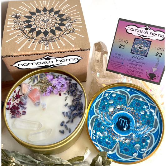 Virgo Crystal Candle, Zodiac Candle w/ Gemstones + Herbs
