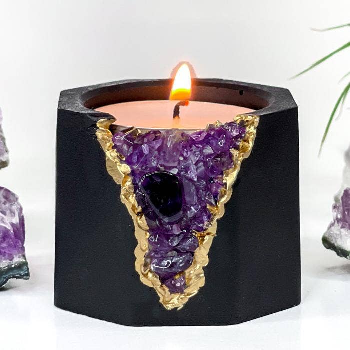 Raw Amethyst Candle Holder | Planter | Black, Black Crystal Candle