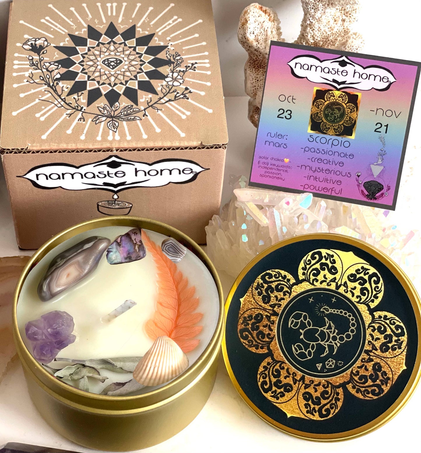 Scorpio Crystal Candle, Zodiac Candle w/ Gemstones + Herbs