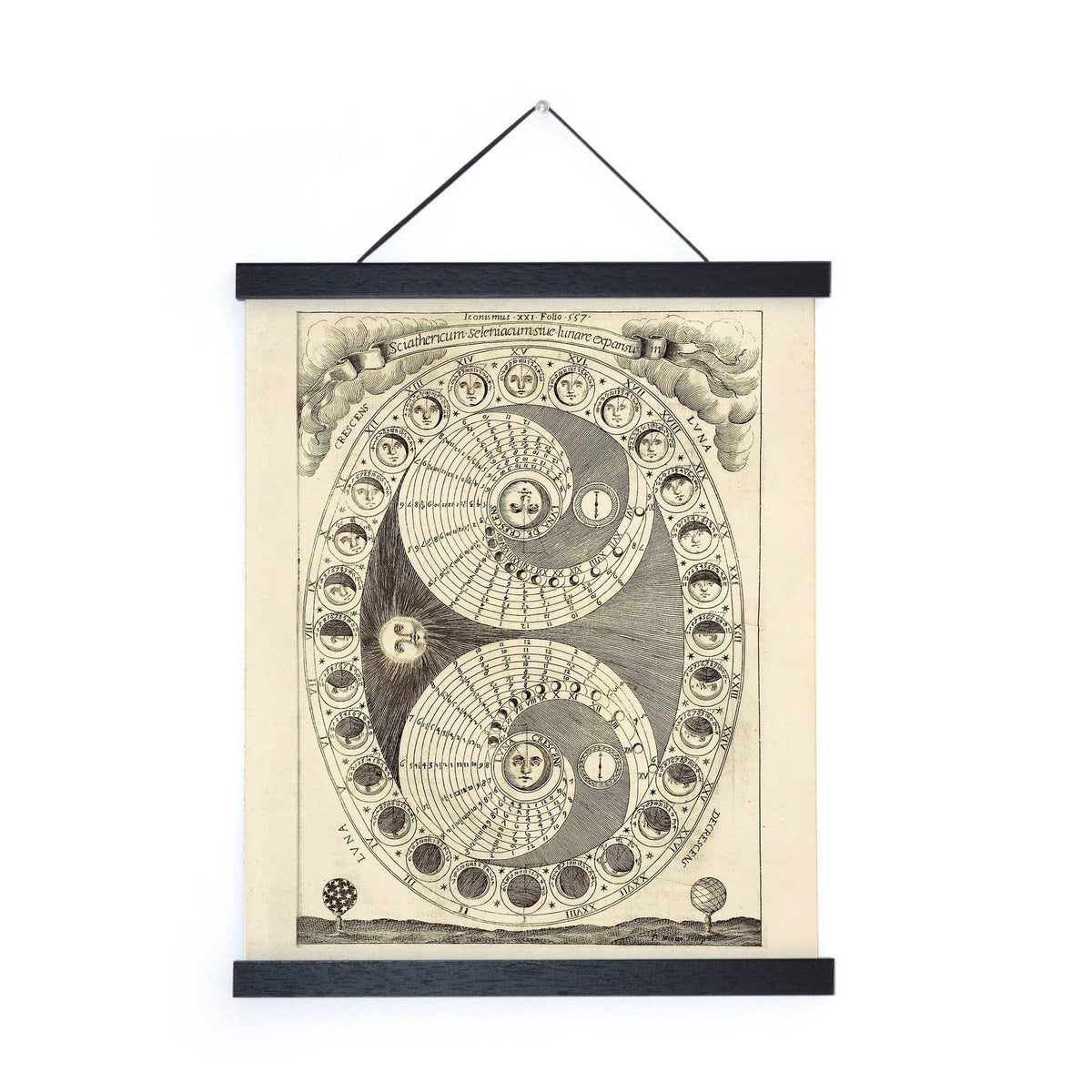 Vintage Moon Phases Chart Print w/ Black Hanging Frame