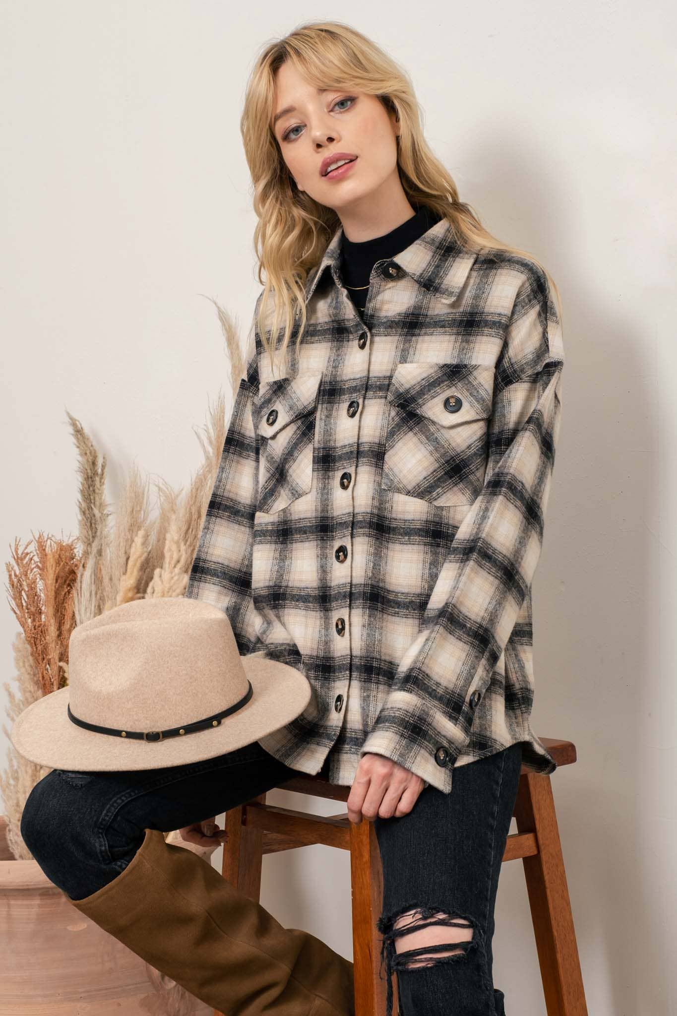 Extended Shoulder Plaid Shacket