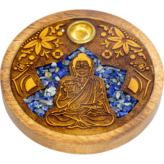 Buddha w/ Sodalite Laser Etched Wood Round Incense Holder