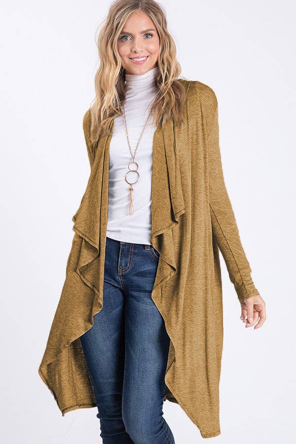 Solid Hoodie Open Front and Long Sleeve Cardigan Camel