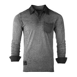 Long Sleeve Vintage Garment Oil Wash Pocket Polo Shirts Charcoal