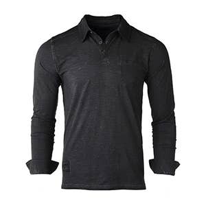 Long Sleeve Vintage Garment Oil Wash Pocket Polo Shirts Black