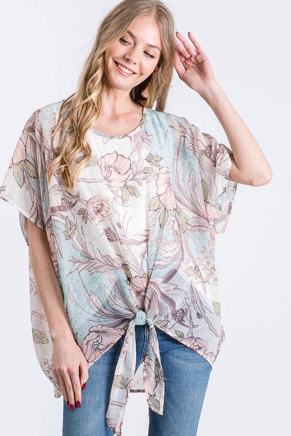 Floral Print Double Layer Top with Tie