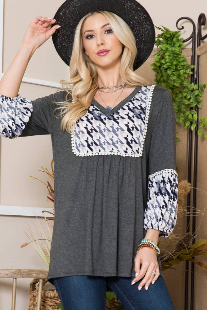 Crocheted Boho V Neck Top - Charcoal