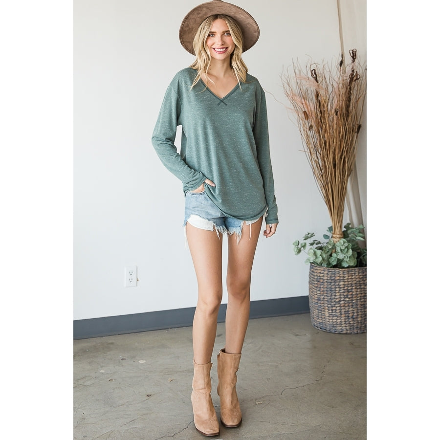 Two Tone Dusty Sage RAW Edge V Neck Long Sleeve Top